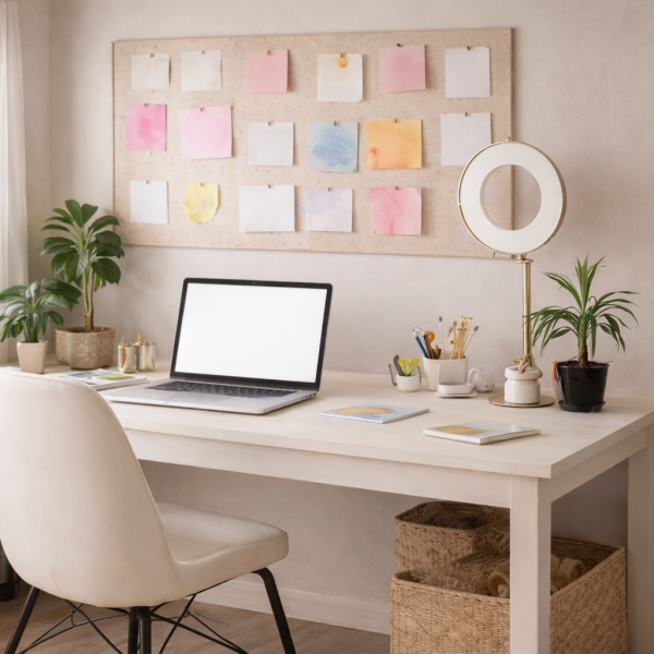 Modern home office with plants and notes