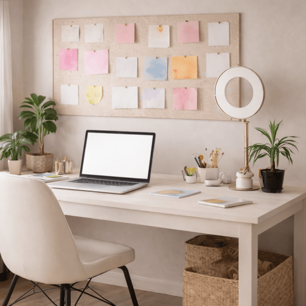 Modern home office with plants and notes