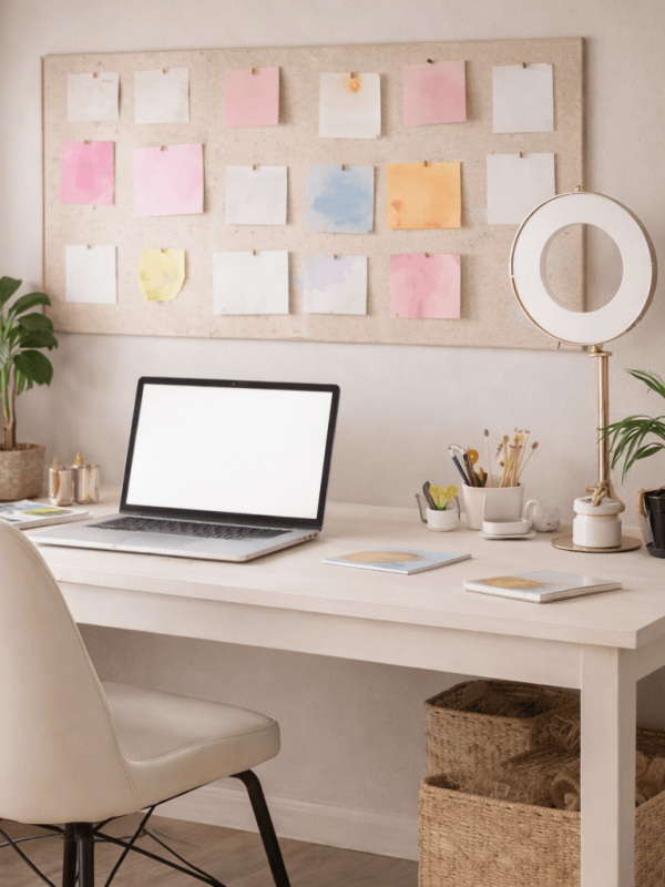 Modern home office with plants and notes